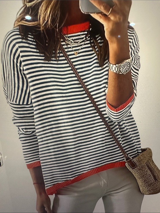 Jessica Sweaters - Jessica Black and White Striped Sweater with Orange Trim, size medium